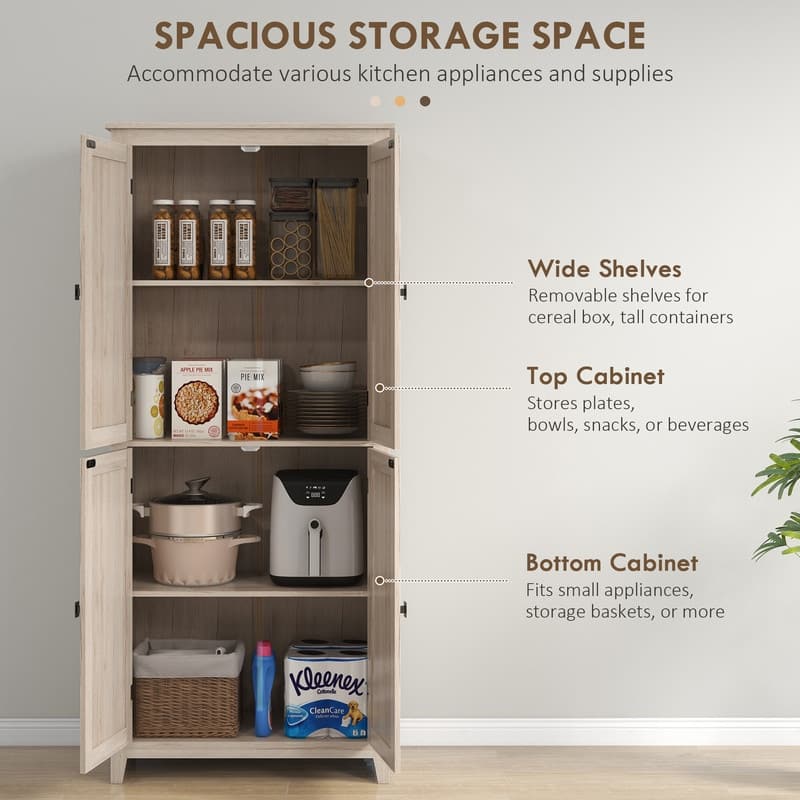 72" Freestanding 4-Door 4 Tiers Kitchen Pantry with Adjustable Shelves