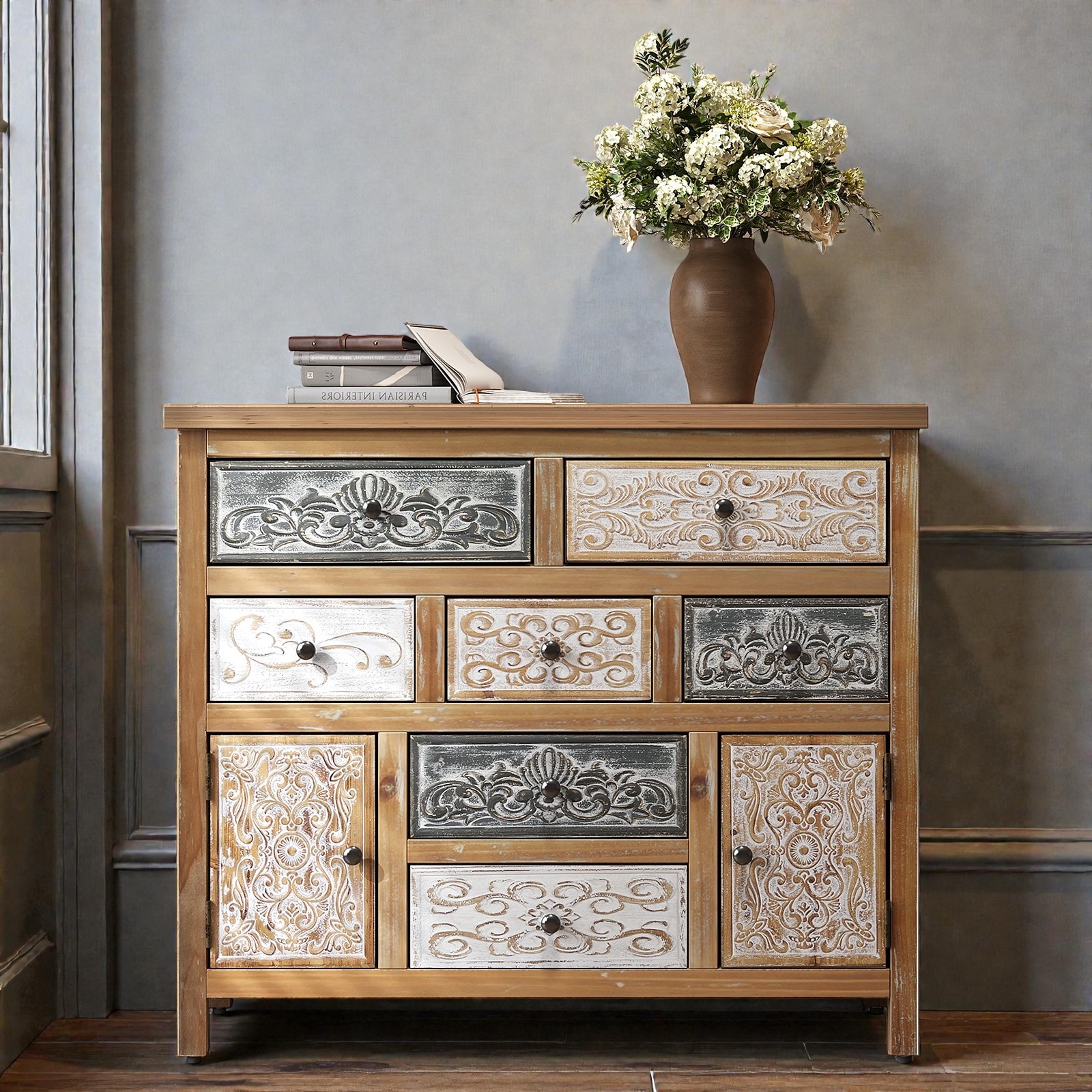 decorative dresser Vintage Wooden Accent Chest with 7 Drawers and 2 Cabinets, Rustic Multicolor Carved Storage for Living Room dresser decor Sculpted Fringe Maxi Dress Size(<a href=