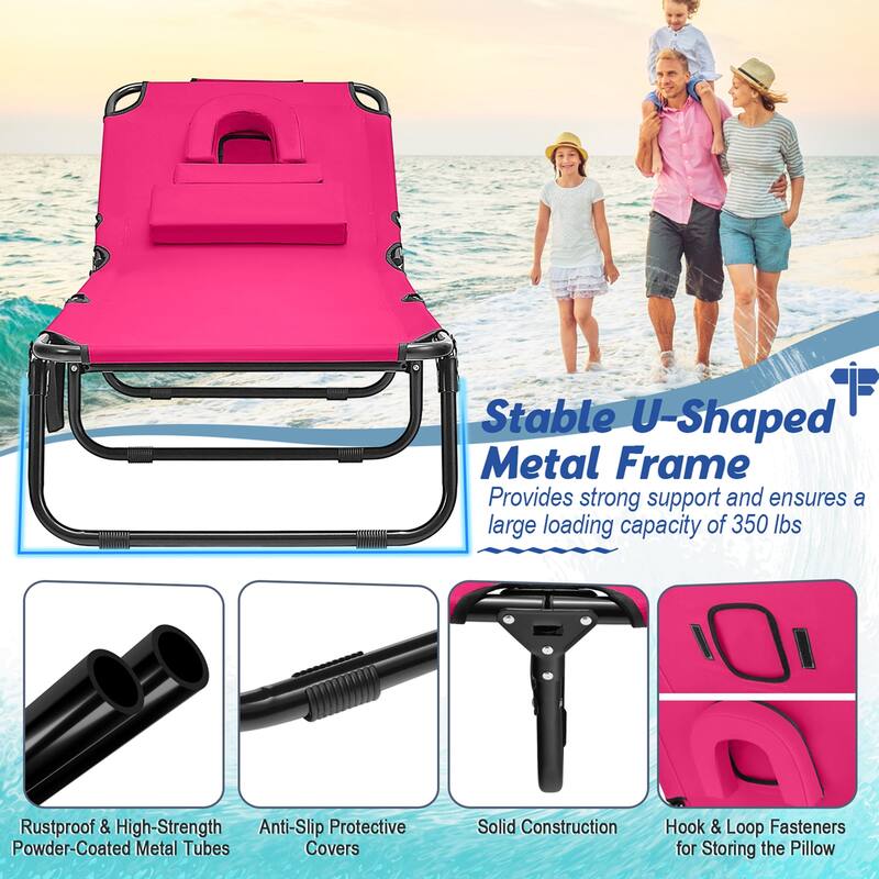 Beach Adjustable Backrest Chaise Lounge Chair w/ Face Hole & Pillows