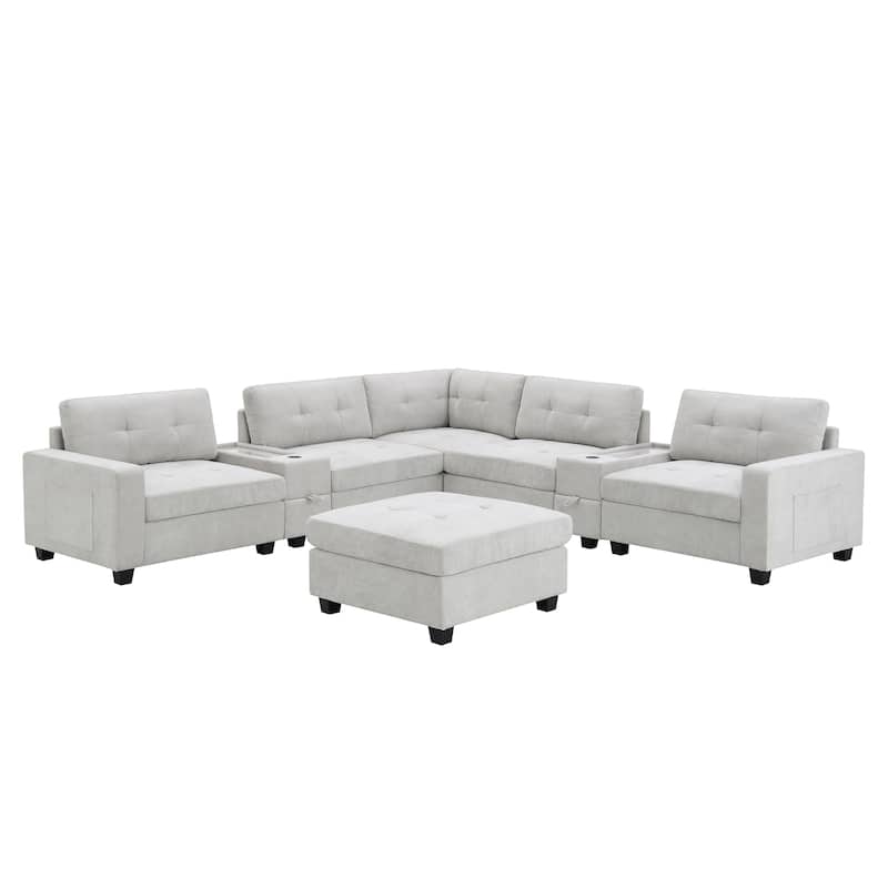 104" Chenille U-Shaped Sectional Sofa with USB & 2 Acrylic Side Tables