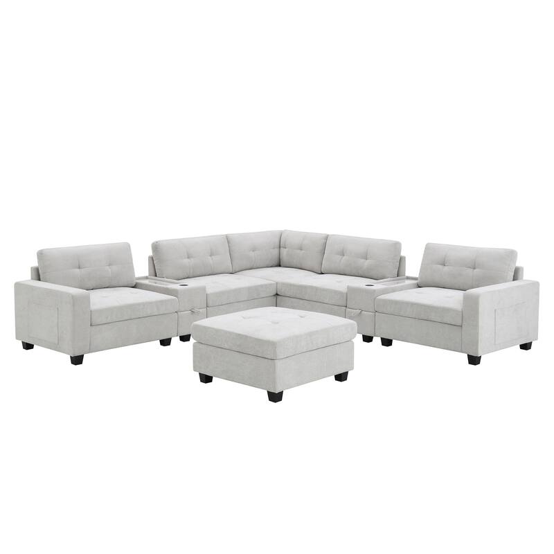 L-shape Chenille Sectional Sofa with 2 Acrylic Consoles Table Top, USB Charger, 2 Drawers, Pockets and Ottoman for Living Room