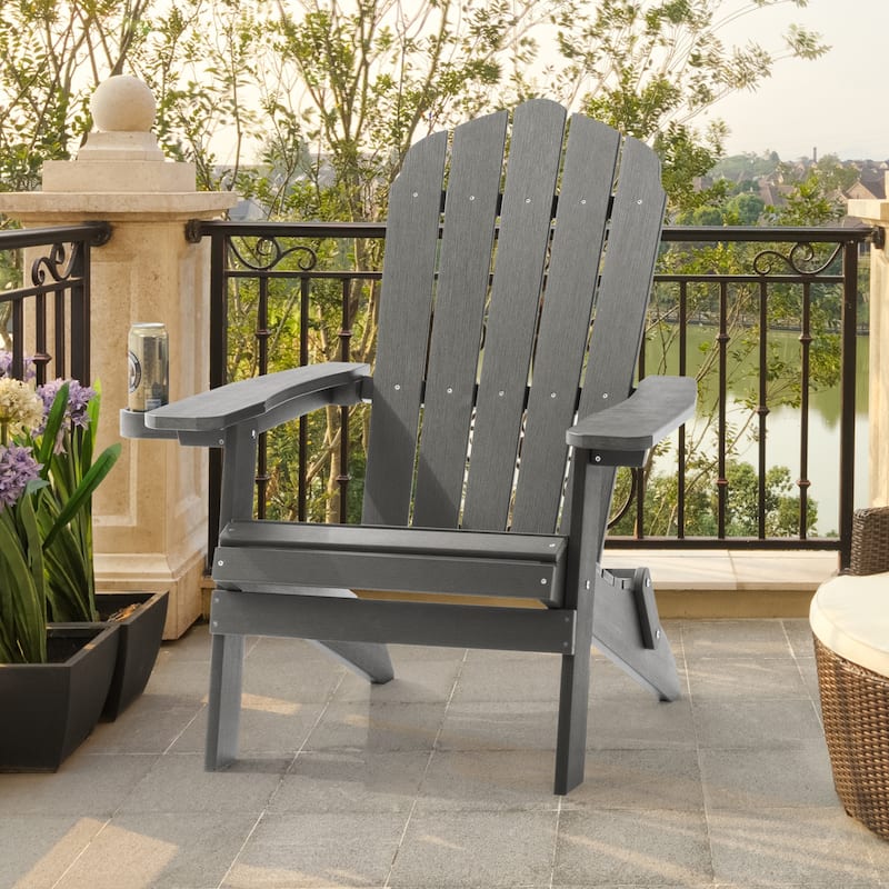 LIVOOSUN Outdoor Folding Adirondack Chair w/Cup Holder,Fire Pit Chairs - Charcoal