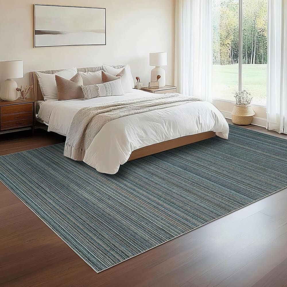 Modern Stripe Machine Washable Area Rug for Bedroom, Living Room, Blue - 1'6" x 2'6"