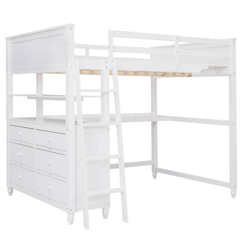 Full Size Loft Bed with Desk, Drawers, and Storage Shelves for Maximized Space