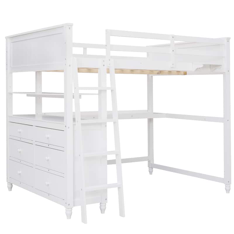 Loft Bed with Drawers and Desk, Wooden Loft Bed with Shelves