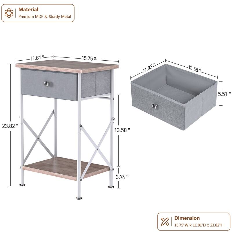 Javlergo Set of 1 or 2 Modern X-Shape End Table with Removable Fabric Drawer & Open Shelf for Living room bedroom study room