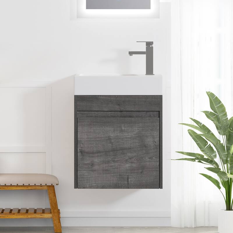 18'' Floating Wall-Mounted Bathroom Vanity with White Resin Sink ,Soft-Close Cabinet Door - Plaid Grey Oak