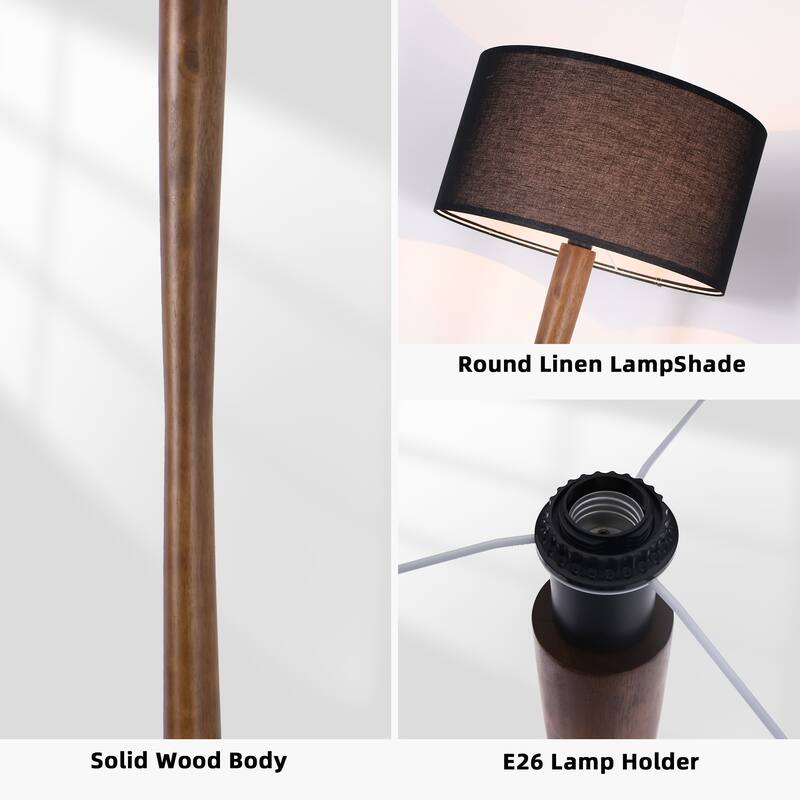 61 in. Retro Standing Floor Lamp with Rubberwood Base and Linen KD Lampshade for Bedroom, Living Room