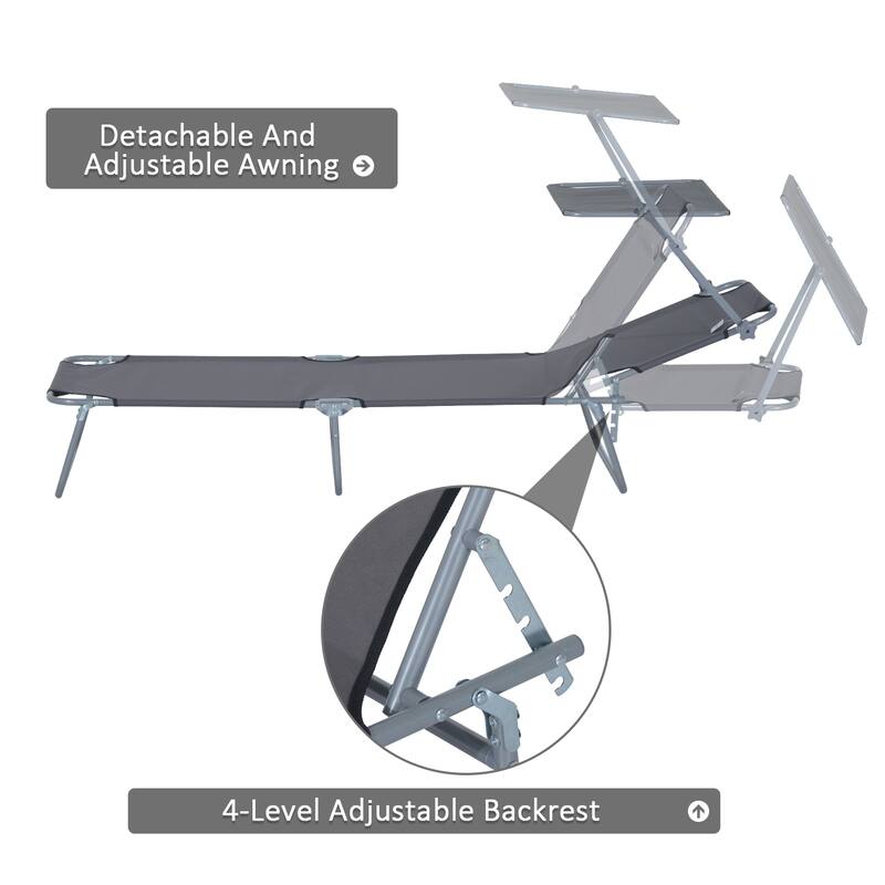 Outsunny Outdoor Lounge Chair, Adjustable Folding Chaise Lounge, Tanning Chair with Sun Shade for Beach, Camping, Hiking