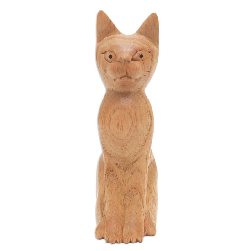 Novica Handmade Cunning Cat Wood Sculpture
