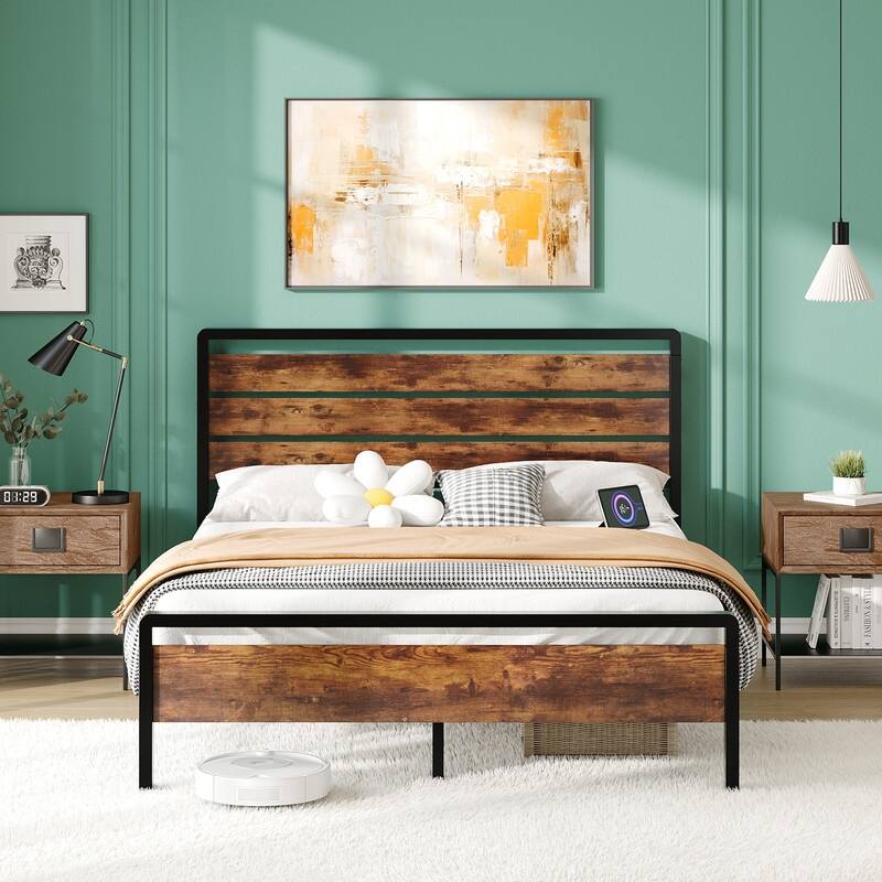 Bed Frame with LED Light and Charging Station, Metal Platform Bed with Wood Headboard