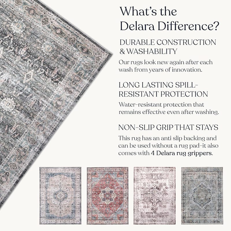 Delara Machine Washable Area Rug, Soft & Durable, Non-Slip Backing, Eco- Friendly GRS certified.