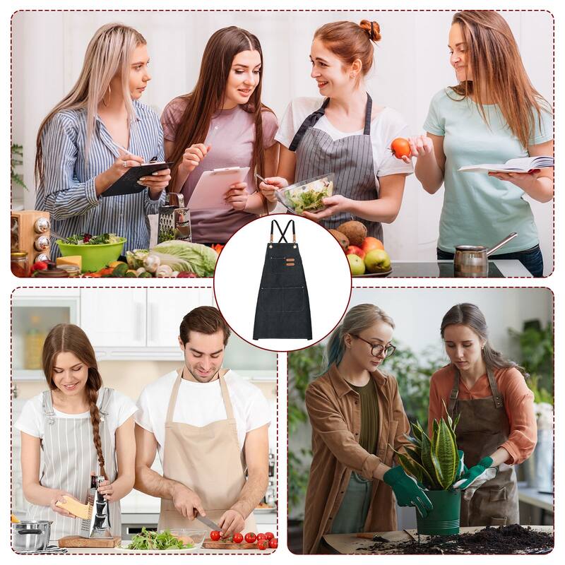 Canvas Chef Aprons 75x69cm Cross Back Kitchen Apron 3 Pockets - Black - 75x68cm