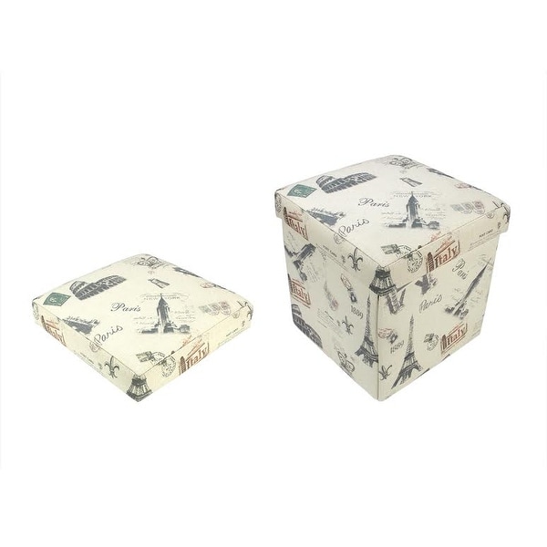 12" Decorative Vintage-Style Italy Travel Inspired Collapsible Square Storage Ottoman - N/A