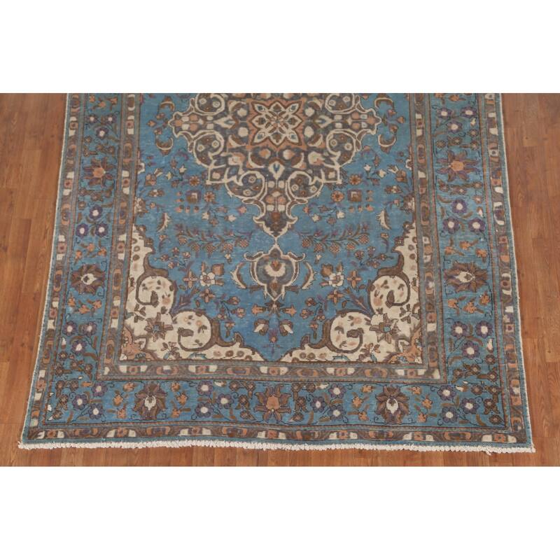 Over-Dyed Blue Tabriz Persian Vintage Rug Hand-Knotted Wool Carpet - 6'6"x 10'0"