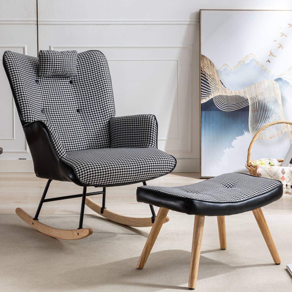 Black White 29.92" Button Tufted Rocking Chair with Ottoman