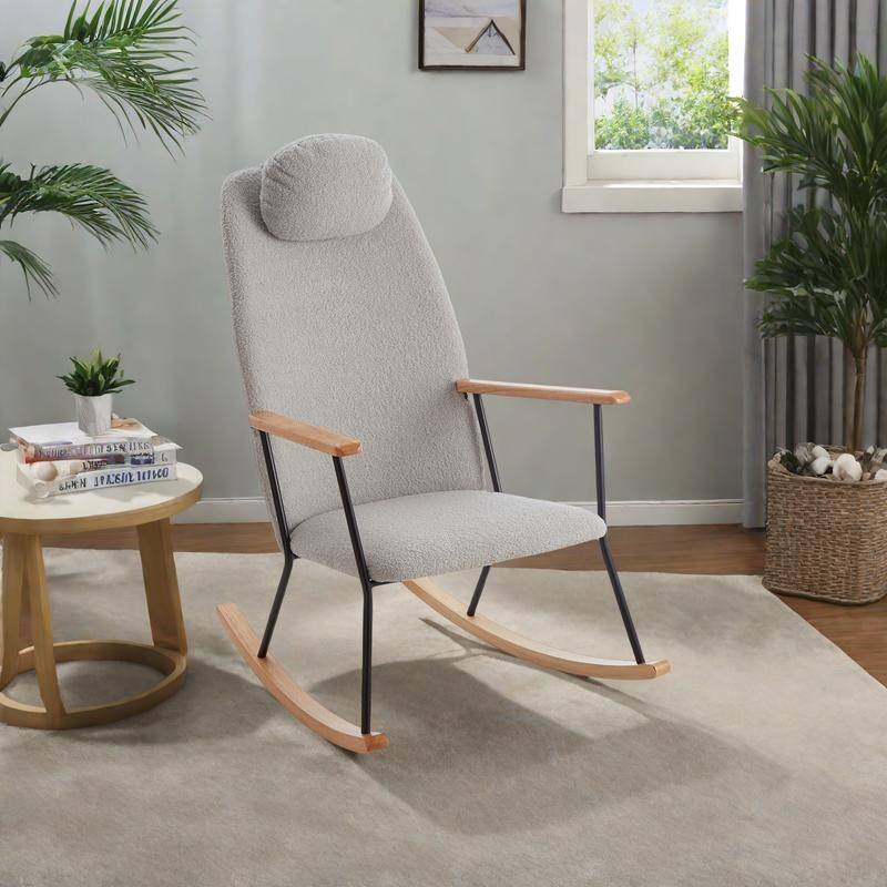 Teddy Fabric Rocking Chair with Adjustable Headrest - LIGHT GREY