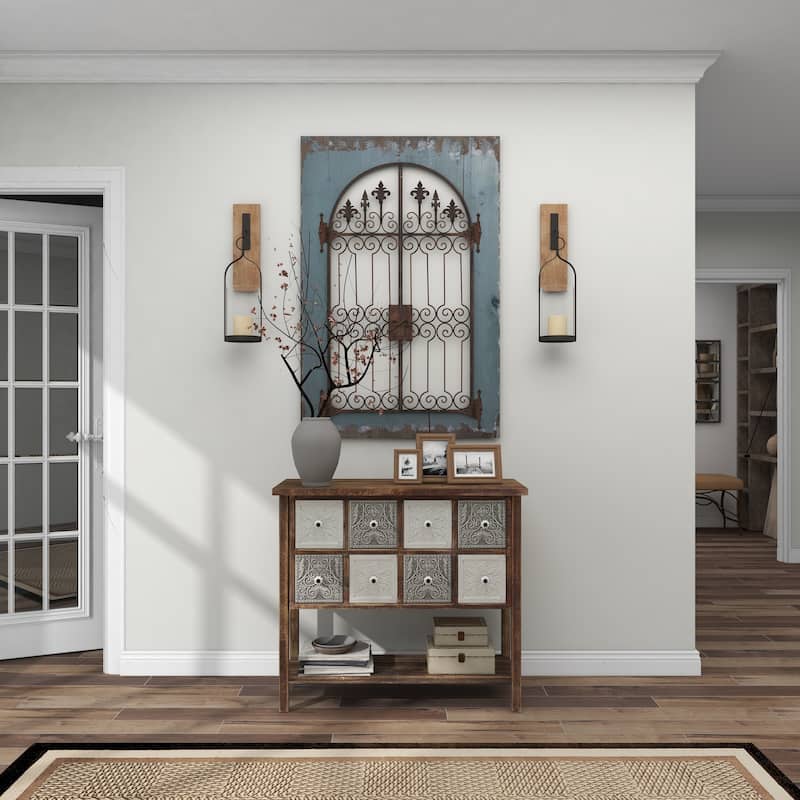 Blue Wood Arched Windowpane Fleur De Lis Home Wall Decor with Rust Metal Scrolled Gate