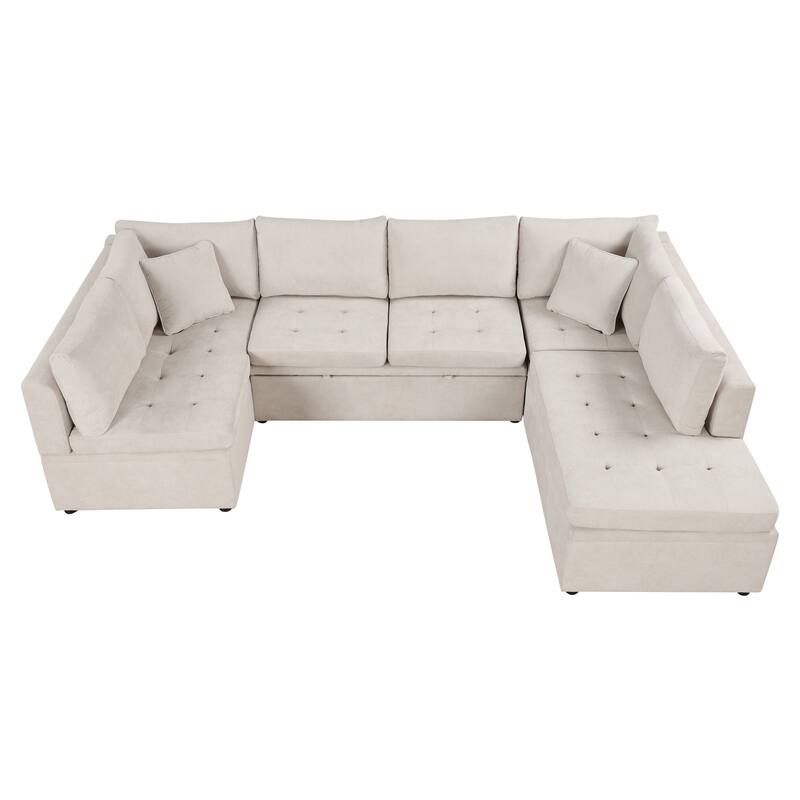 117" U-Shaped Oversized 6-Seat Sectional Sofa with Chaise, Pull-Out Bed, and 2 Detachable Throw Cushions
