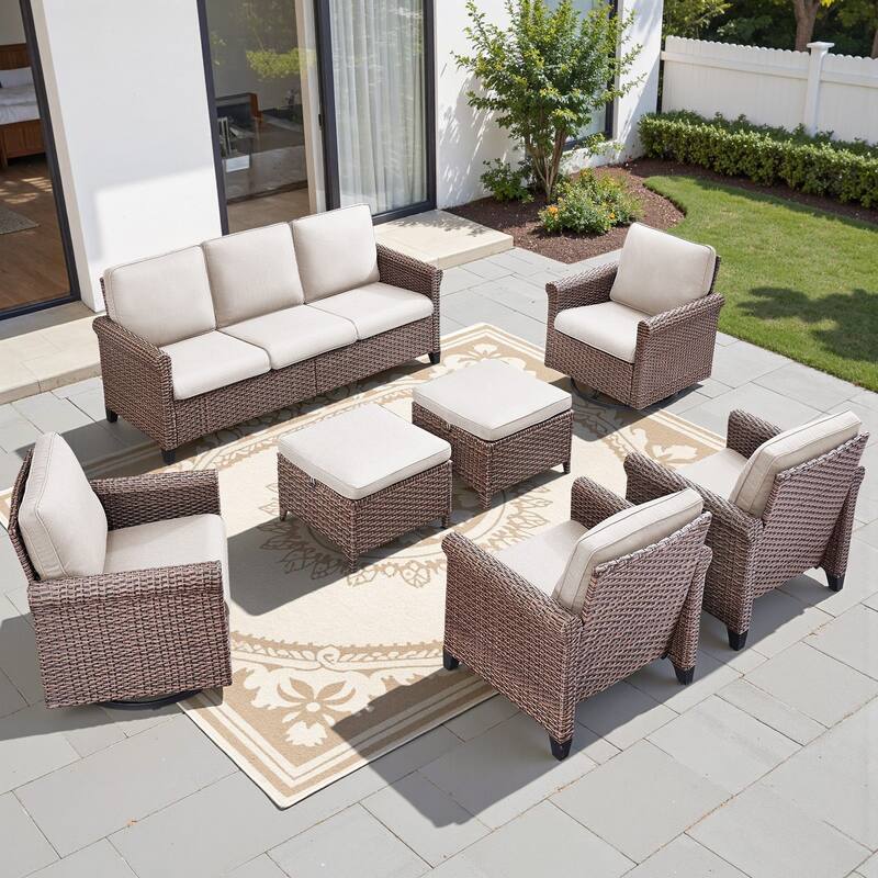 Pocassy Outdoor Sofa Swivel Chairs Patio Chair Funiture Set - 7PCS Sofa Chair w/ Ottoman - Brown Wicker Blue Cushion
