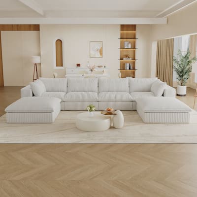 157.6" White Corduroy Fabric Cloud Sofa, Deep Seat, Double-layer, Removable Cushion, DIY Combination