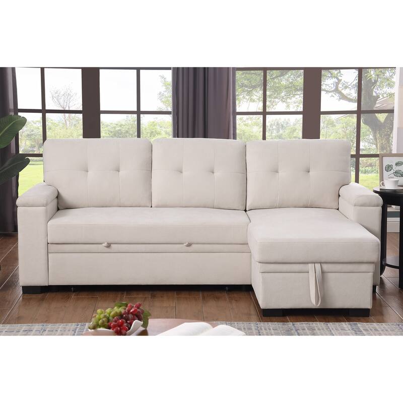 84.5"W Beige Woven Reversible Sleeper Sectional Sofa with Storage Chaise, 53x84x34 inches, 188 lbs