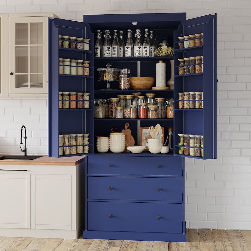 77" Farmhouse Pantry Cabinet - Tall Freestanding Storage with 3 Drawers & 11 Adjustable Shelves (8 Door + 3 Main) for Kitchen - Blue