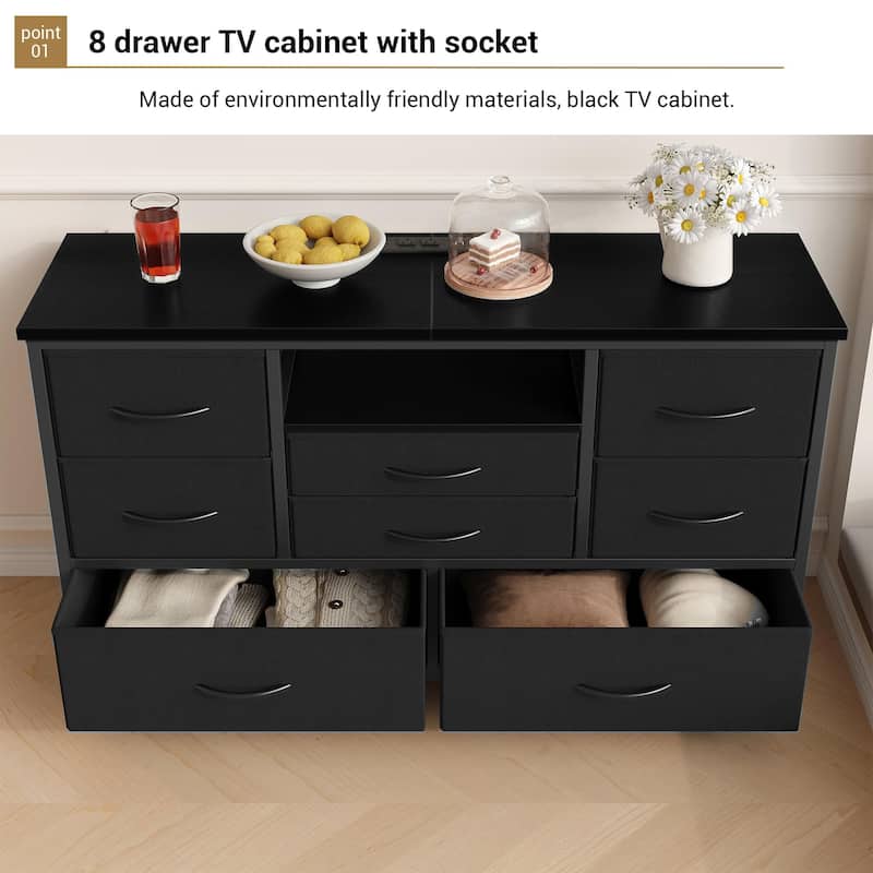 8-Drawer Fabric TV Stand with LED Lights & Built-in Power Outlets