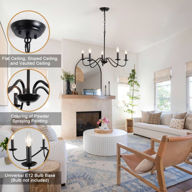 5-Light Rustic Farmhouse Candle Chandelier for Bedroom, Kitchen, Living Room and Foyer