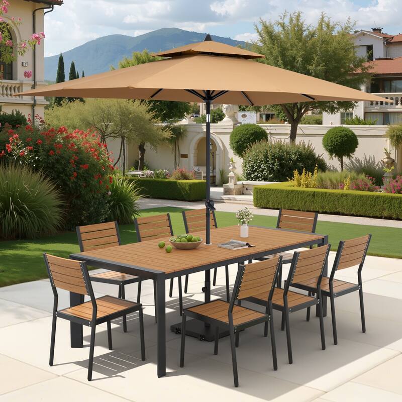 9/11-Piece Outdoor Dining Set Aluminum Table and Stackable Chairs w/10 ft Umbrella and Base