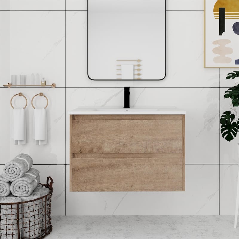 Bathroom Vanity With Sink In 24/28/30/60 Inch, Floating Bathroom Vanity With Soft Close Drawer - 29.9"W x18.3"D x 20.5"H - Imitative Oak