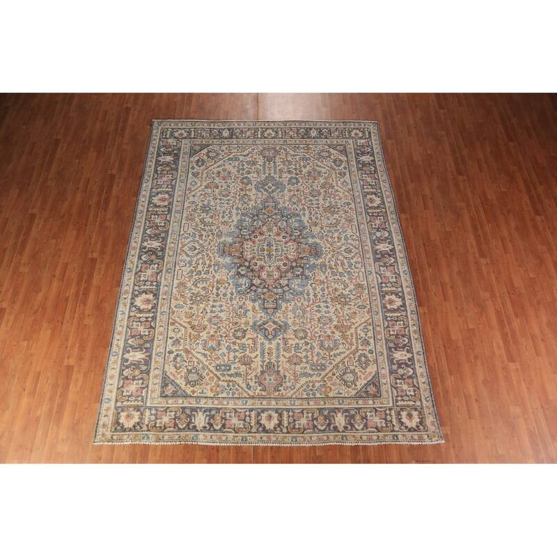 Geometric Tabriz Persian Rug Handmade Beige Oriental Wool Carpet - 8'4"x 11'0"