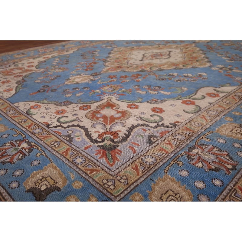 Distressed Blue Tabriz Vintage Persian Area Rug Handmade Wool Carpet - 8'1" x 11'2"