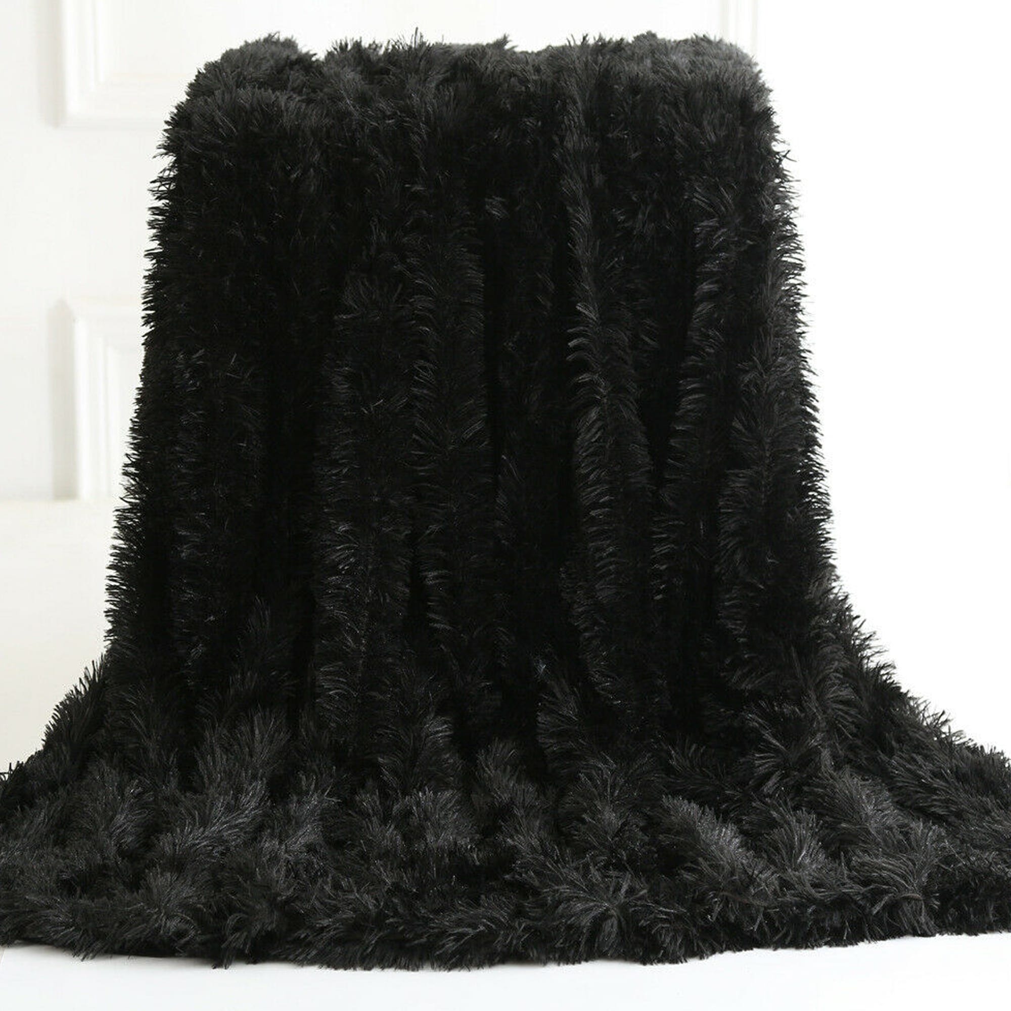 Plush Faux Fur Throw Blanket Reversible Black