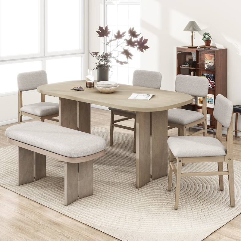 Solid Wood Dining Table Set with Bench - 6-Piece Upholstered Rectangular Dining Room Table Set with Bench
