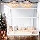 preview thumbnail 1 of 11, Kid Bed Frame Twin Size Floor Wooden Bed with House Roof and Safety Guardrails White