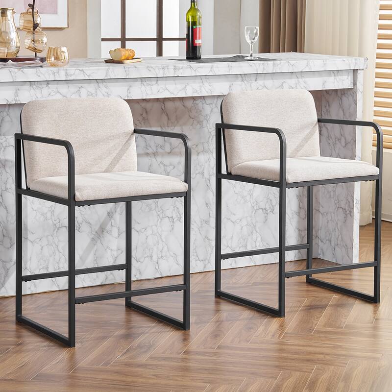 Upholstered Counter Height Bar Stool Set of 2, Armchair with Metal Frame