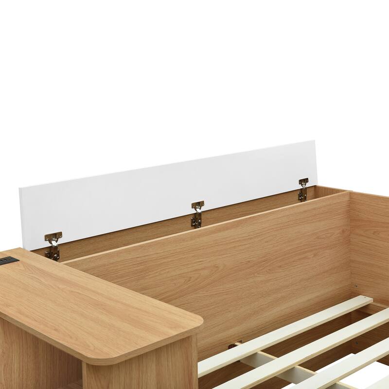 Full Size Floor Storage Bed Frame with 6 Drawers, Shelves, Modern Wood Platform Bed with Dressing Table for Teens Adults