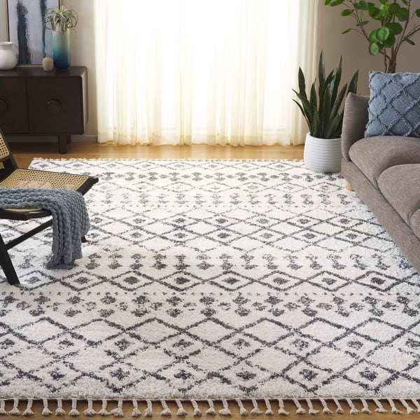 slide 2 of 5, SAFAVIEH Berber Fringe Shag Leatha Trellis Rug - Cream/Dark Grey - 8' x 10'