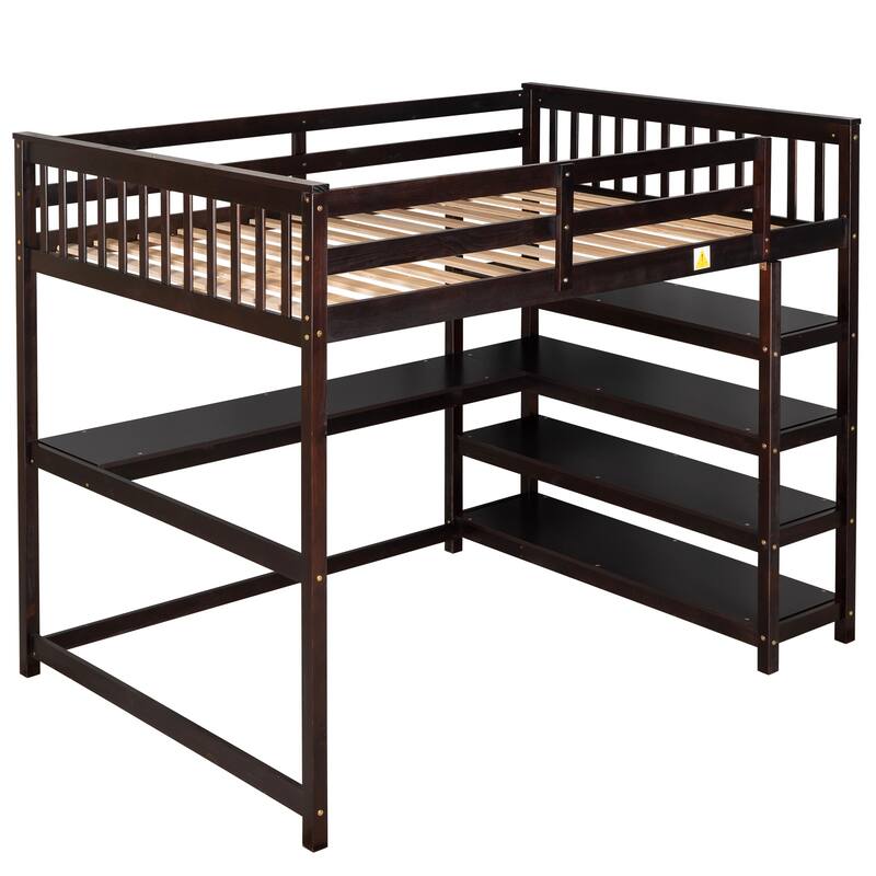 Full Size Loft Bed with Storage Shelves and Under-bed Desk in Espresso Finish