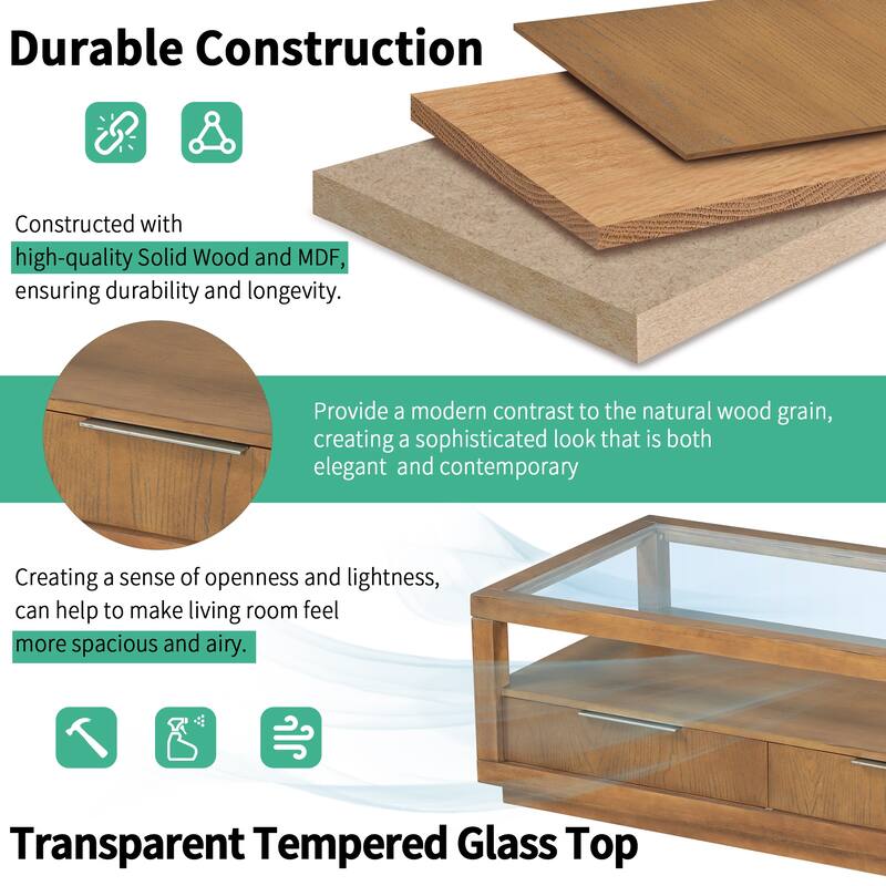 Coffee Table with Transparent Tempered Glass and 2 Drawers, Center Table with Open Storage Shelf