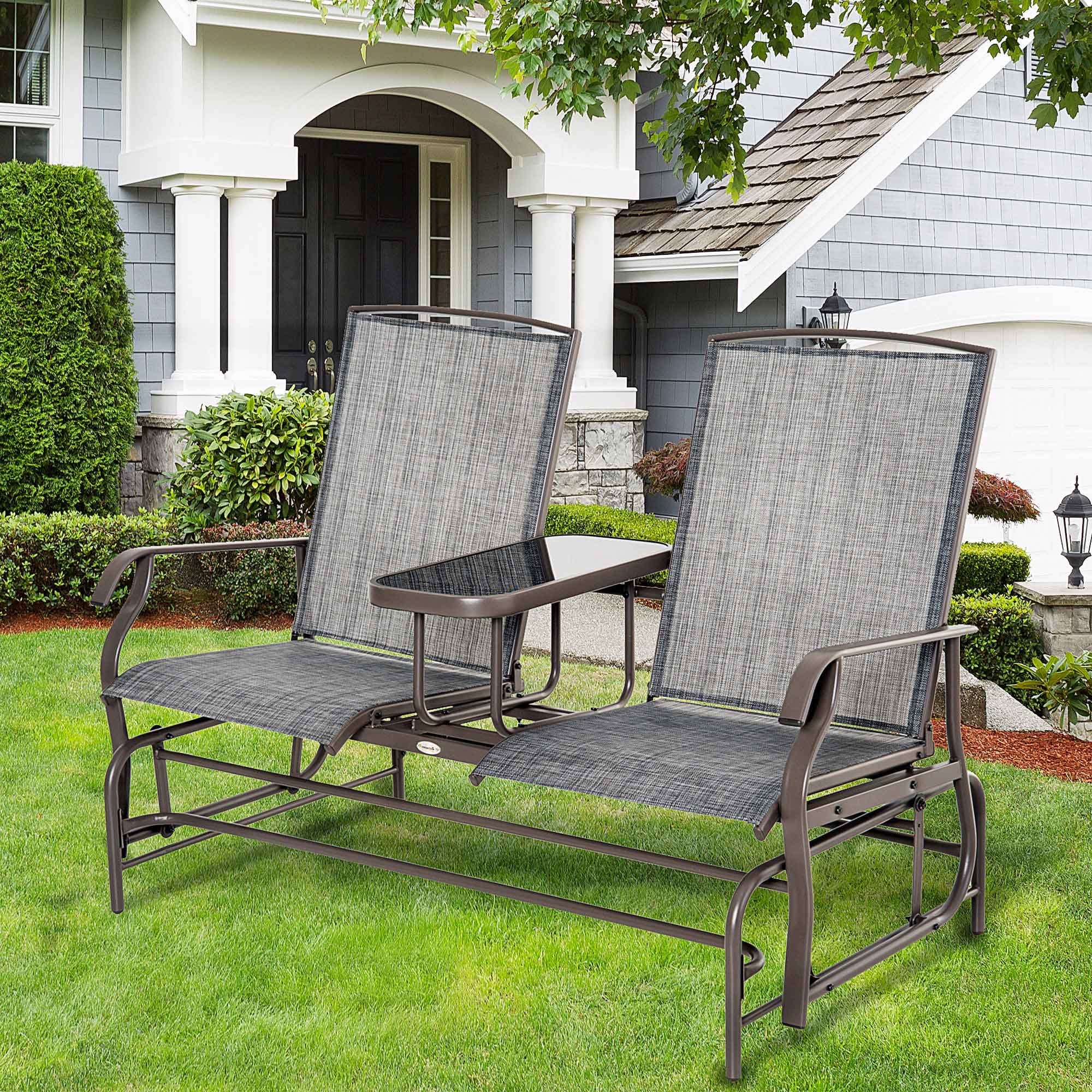 Outdoor Glider Bench With Center Table And Breathable Mesh Fabric