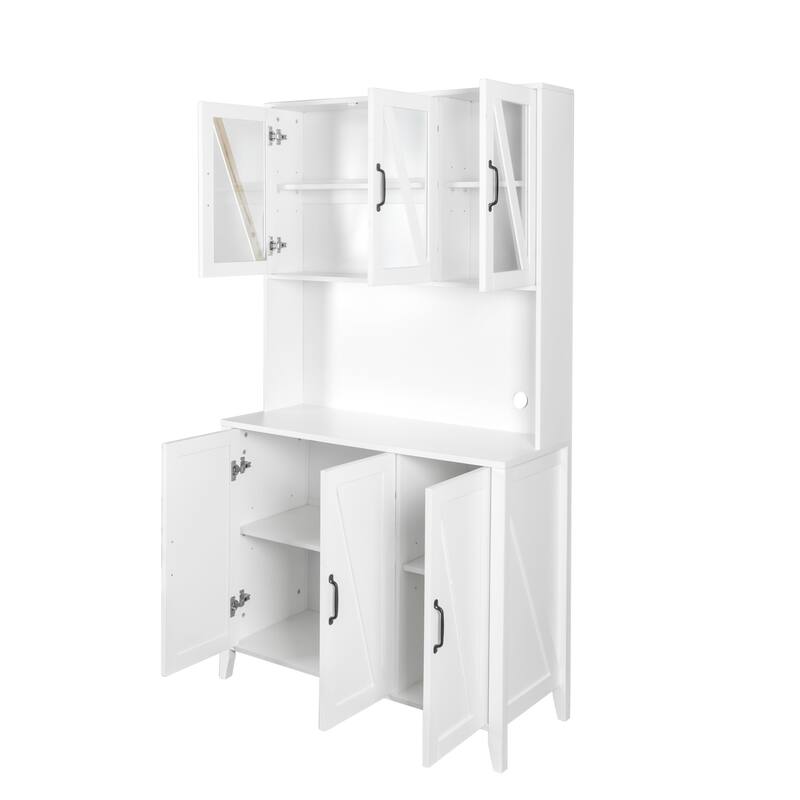 Large Kitchen Pantry Storage Cabinet with Glass Doors and Drawer, Wood Buffet Cupboard with Open Countertop