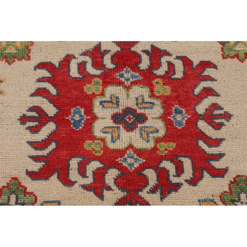 Geometric Kazak Area Rug Hand-Knotted Beige / Ivory Wool Carpet - 6'5" x 9'8"