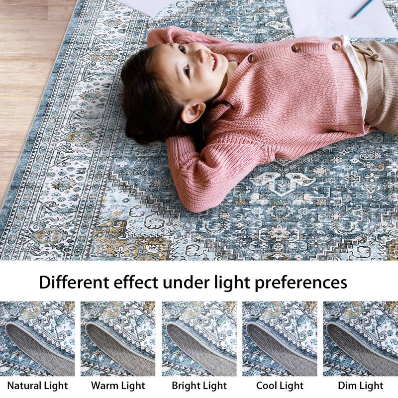 Washable Rug Vintage Medallion Area Rugs for Living Room Bedroom, Non-Skid Low Pile Floral Rug Soft Foldable Rug