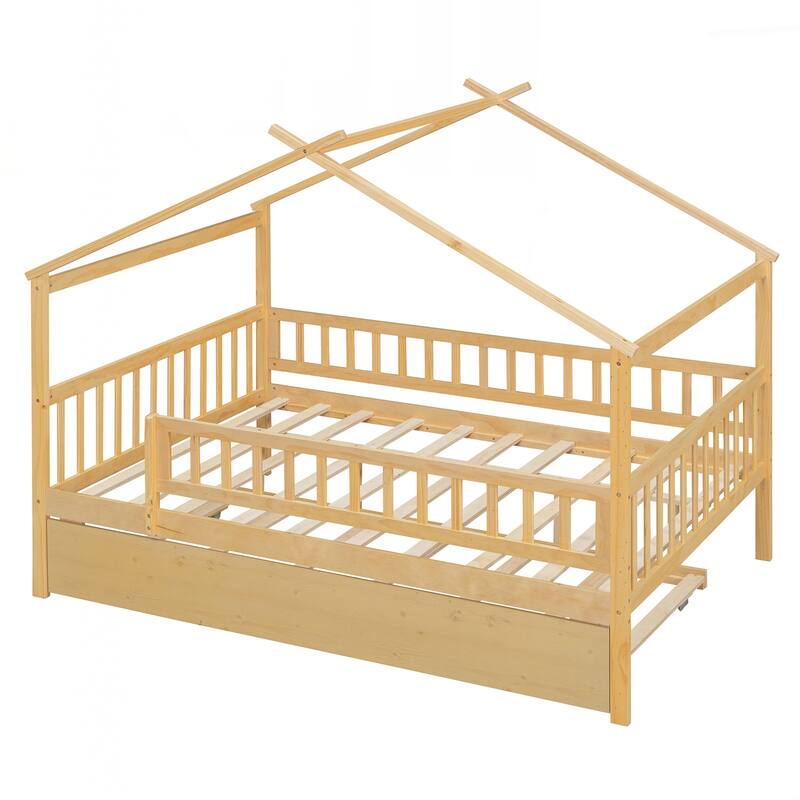 Full Size Wooden House Bed with Twin Size Trundle