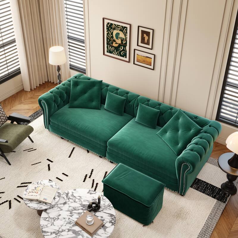 89" Chesterfield Pull Out Sofa Bed - Velvet 3-in-1 Convertible Sleeper with Chaise & Ottoman, King Size Sleeper Sofa