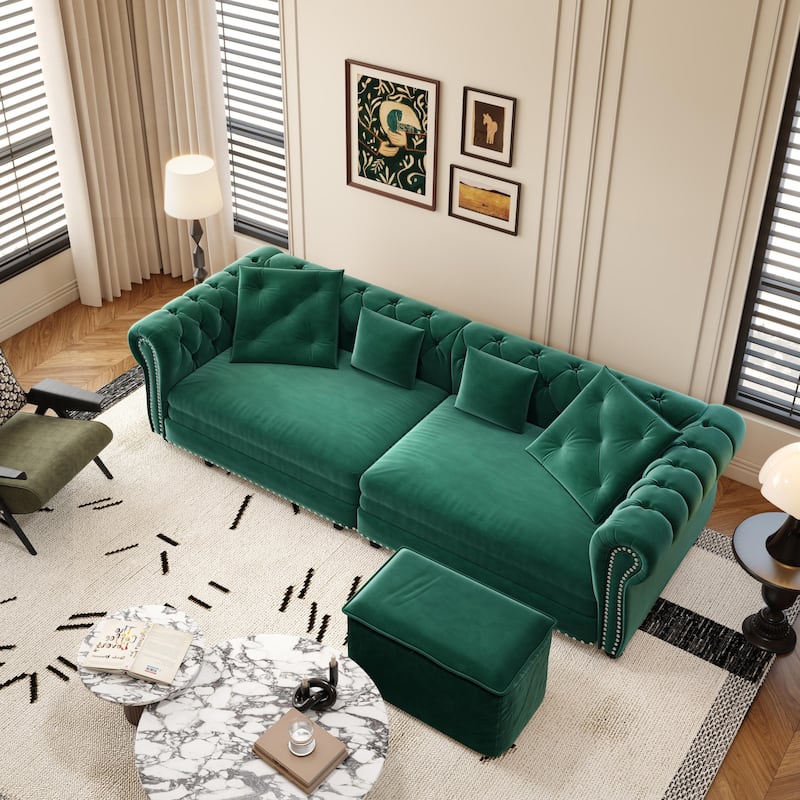 Oversized Chesterfield Loveseat Sofa, Convertible Pull Out Sleeper Sofabed Velvet Couch Bed w/Movable Ottoman and Nailhead Trim