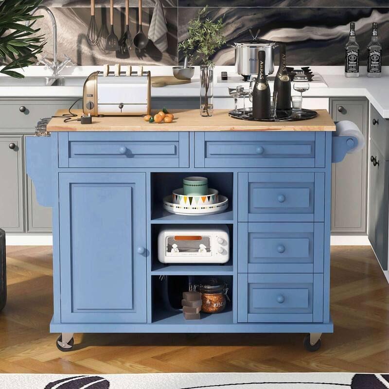 53-Inch Width kitchen Island cart with storage and 5 draws