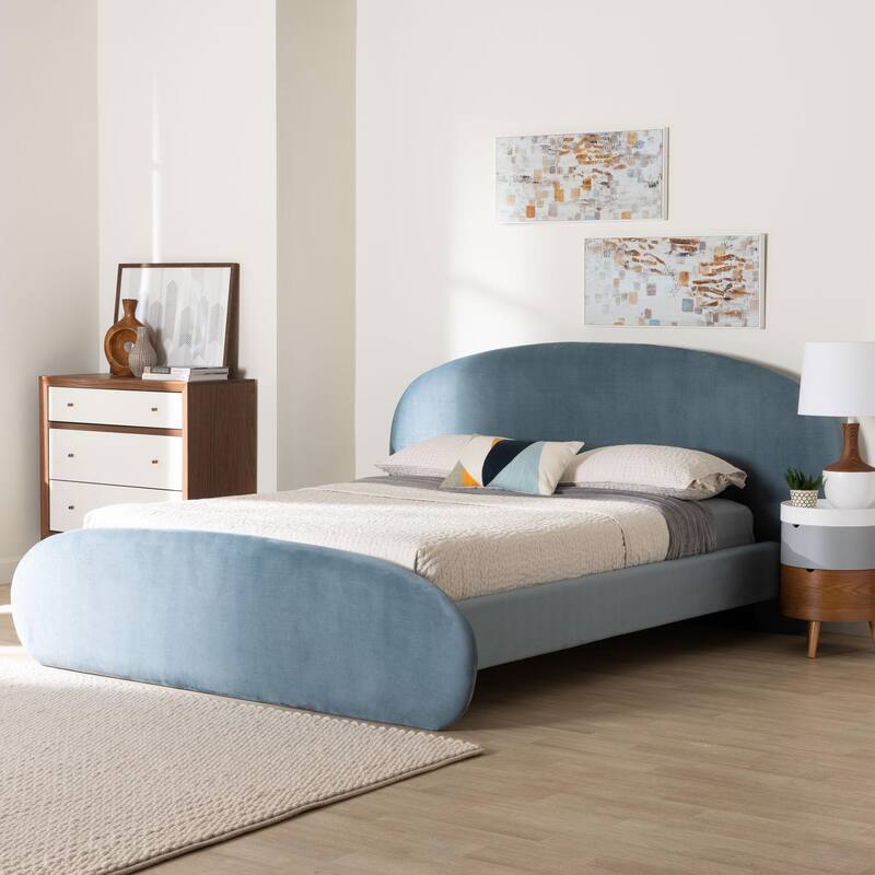 Ekram Velvet Upholstered Platform Bed - Mid-Century Modern Bed Frame with Curved Headboard and Accent Footboard
